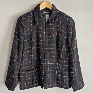 Confetti Tweed Cropped Jacket Black Multicolor Zip Preppy Chic Vintage